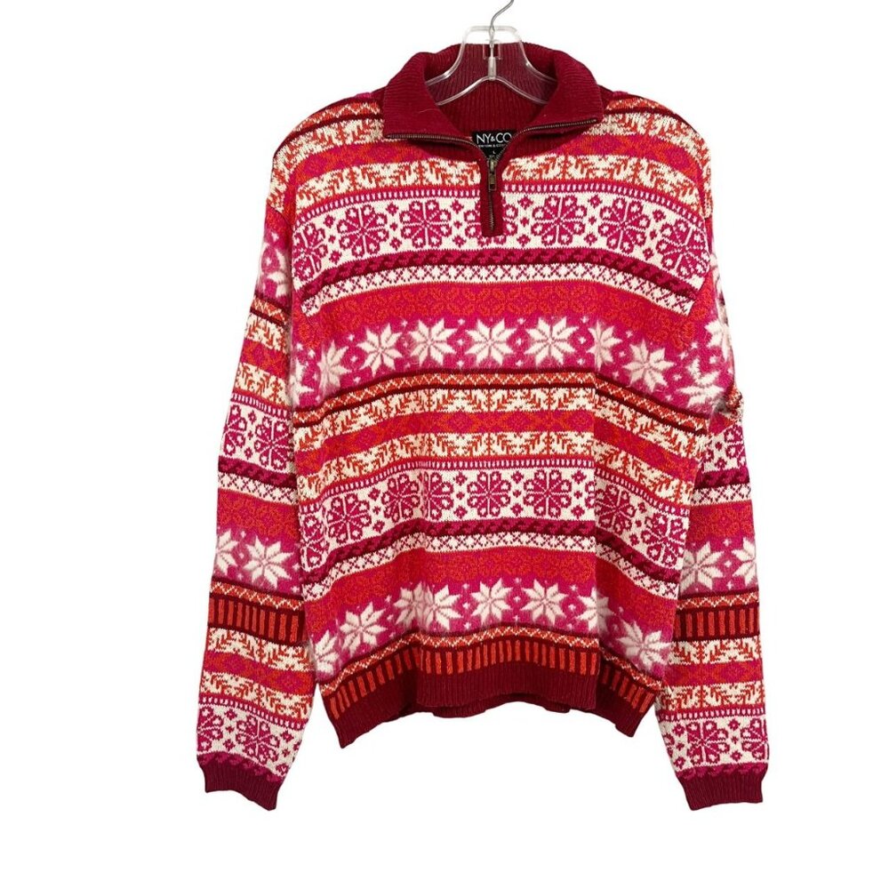 Vintage Pink & Orange Fair Isle Quarter Zip Sweater Silk Angora - Size Large